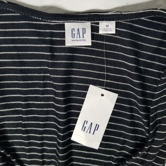 GAP Maternity Womens Sz M Long Sleeve Dress Faux Wrap Black White Striped V-Neck - Picture 2 of 10